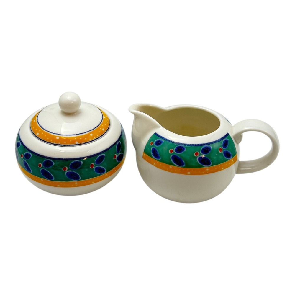 Royal Doulton Expressions Cabana Creamer and Sugar Bowl Set White Green Orange